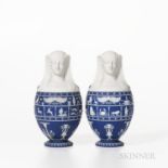 Pair of Wedgwood Dark Blue Jasper Dip Canopic Jars and Covers, England, 19th century, with applied w