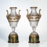 Pair of Gilt-bronze-mounted Crystal Urns on Drum Bases, 19th century, bronze acanthus borders with c