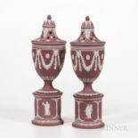 Pair of Pink Jasper Dip Potpourri Vases on Drum Bases, England, 19th century, probably Dudson, the v