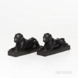 Pair of Wedgwood Black Basalt Lions Couchant, England, late 18th century, each modeled atop a raised