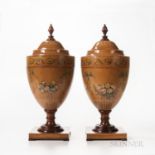 Pair of Painted Satinwood Urn-shape Knife Boxes, England, 19th century, each with fitted interior, a