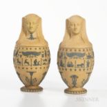 Pair of Wedgwood Caneware Canopic Jars and Covers, England, early 19th century, with applied drab ba
