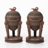 Pair of Wedgwood Egyptian Rosso Antico Tripod Vases and Covers, England, early 19th century, domed c