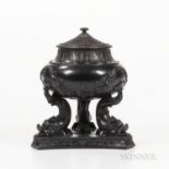 Large Wedgwood Black Basalt Dolphin Potpourri and Cover, England, 19th century, pierced cover with f