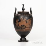 Wedgwood Encaustic Decorated Black Basalt Vase and Cover, England, early 19th century, urn finial, u