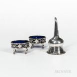 Three Pieces of Georgian Sterling Silver Tableware, each with engraved armorial, two salt cellars wi