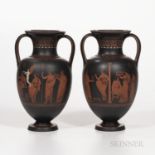 Pair of Wedgwood Encaustic Decorated Black Basalt Vases, England, 19th century, iron red, black, and
