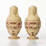 Pair of Modern Wedgwood Solid Primrose Jasper Canopic Jars and Covers, England, c. 1978, with applie