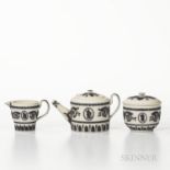 Three-piece Wedgwood Solid White Jasper Tea Set, England, mid-19th century, applied black classical