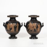 Pair of Wedgwood Encaustic Decorated Black Basalt Vases, England, early 19th century, upturned loop