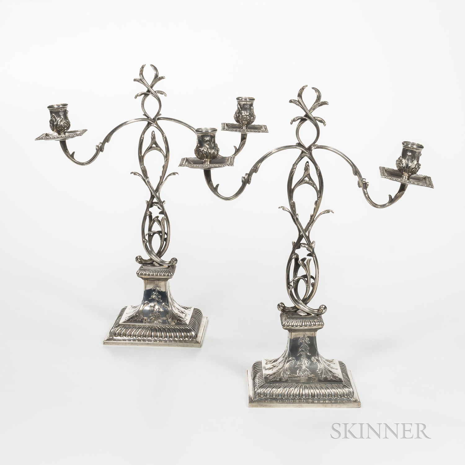 Pair of Edward VII Sterling Silver Two-light Candelabra, London, 1901-02, Charles Stuart Harris, mak