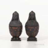 Pair of Wedgwood Black Basalt Canopic Ink Jars and Covers, England, 19th century, each with rosso an