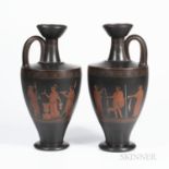 Pair of Wedgwood Encaustic Decorated Black Basalt Vases, England, 19th century, each with looped sid