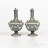 Pair of Wedgwood Four-color Jasper Dip Barber Bottles and Covers, England, 19th century, applied whi