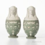 Pair of Wedgwood Green Jasper Dip Canopic Jars and Covers, England, late 19th century, with applied