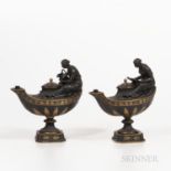 Pair of Wedgwood Gilded and Bronzed Black Basalt Oil Lamps, England, c. 1885, each oval, with fluted