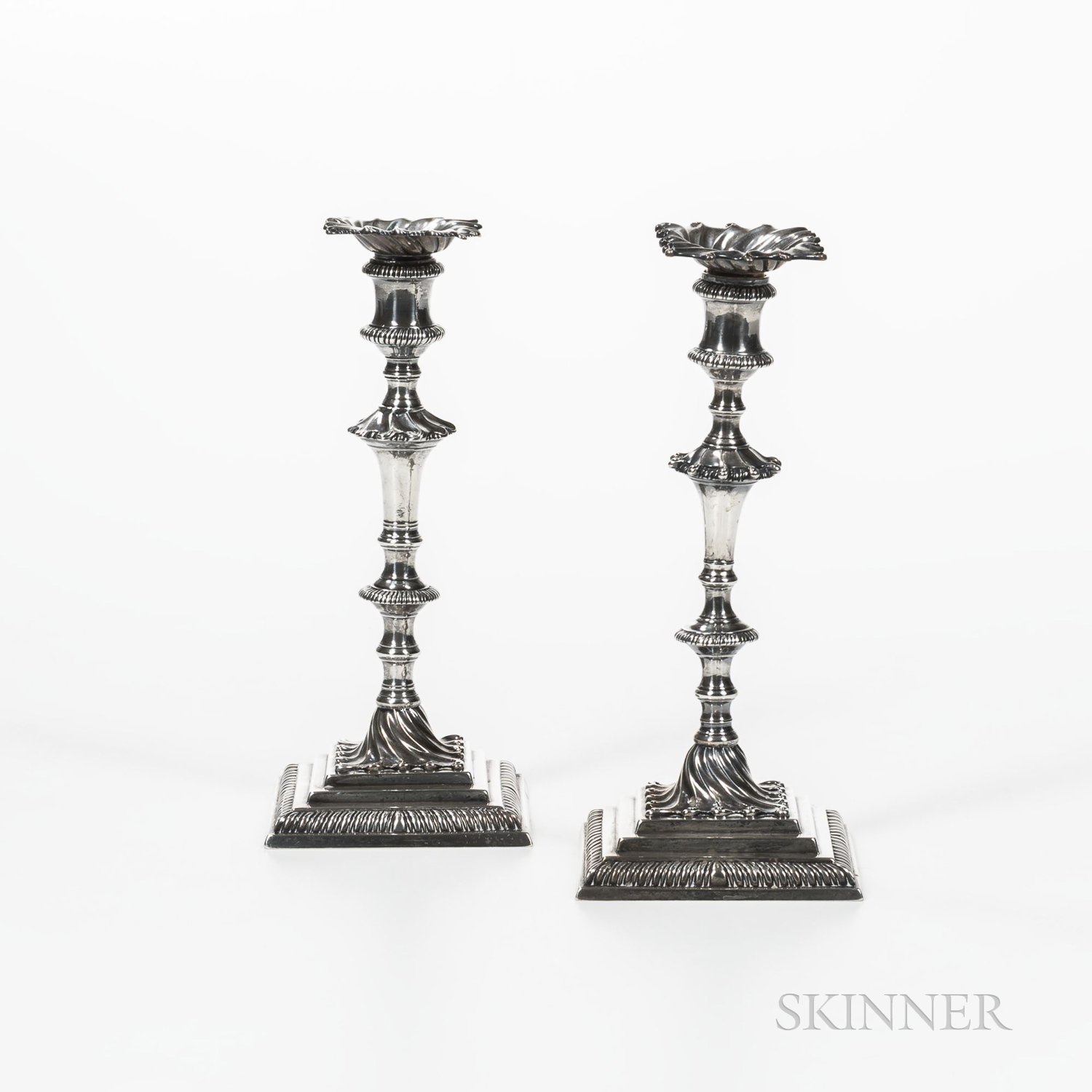 Near Pair of George III Sterling Silver Candlesticks, each London, one 1771-72 by Elizabeth Cooke, h