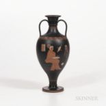 Wedgwood Encaustic Decorated Black Basalt Vase, England, 19th century, bottle shape with loop handle