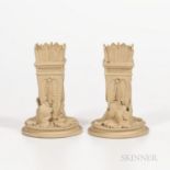 Pair of Wedgwood Caneware Quiver Vases, England, 19th century, each with arrow feather border atop f