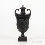 Wedgwood & Bentley Black Basalt Vase and Cover, England, c. 1775, scrolled foliate molded handles, r