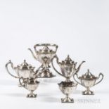 Six-piece Sterling Silver Tea and Coffee Service, 20th century, lacking maker's marks, monogrammed,