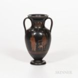 Wedgwood Encaustic Decorated Black Basalt Vase, England, early 19th century, loop handles, iron red,