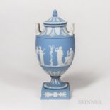 Wedgwood Solid Light Blue Jasper Vase and Cover, England, late 19th century, applied white classical