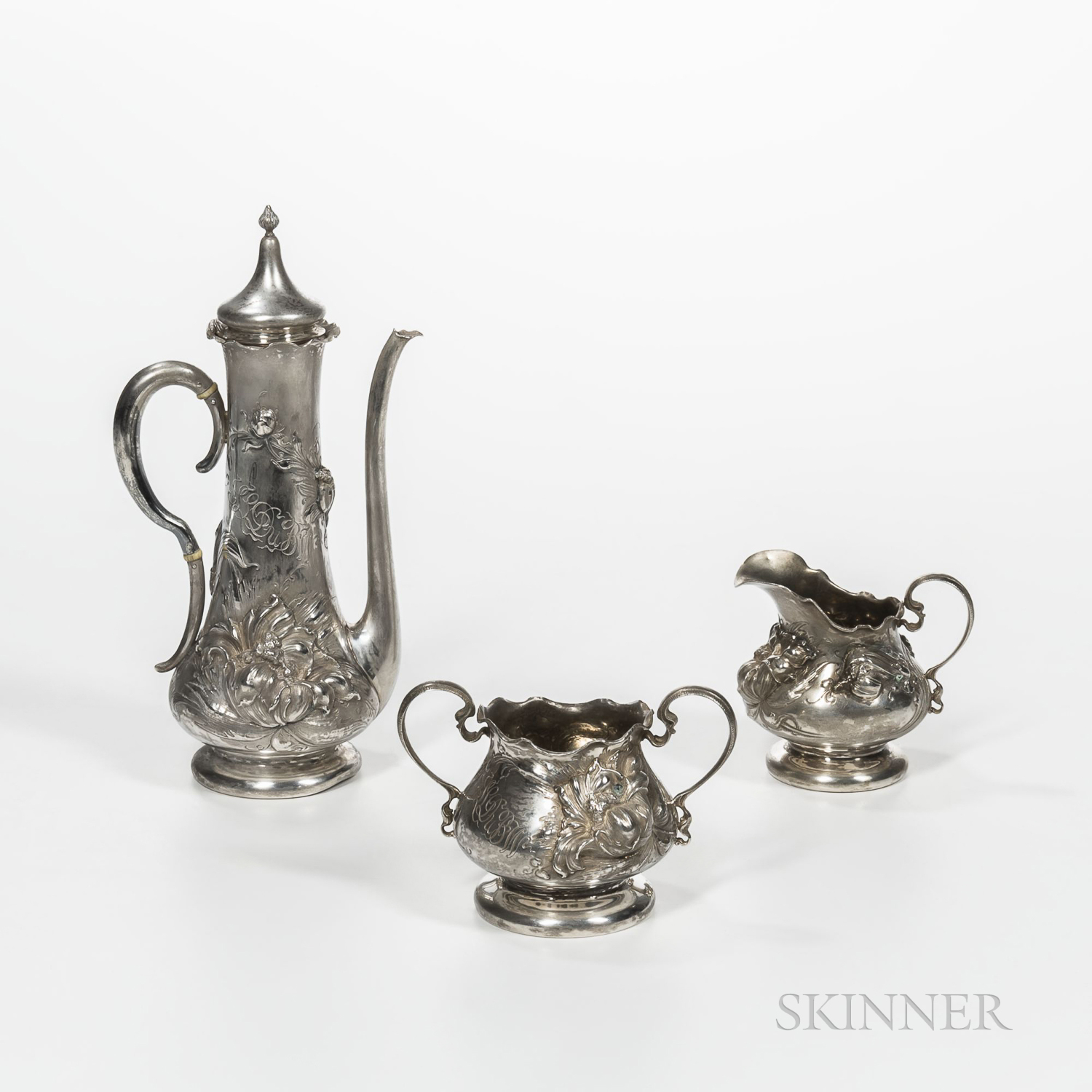 Three-piece George Shiebler Sterling Silver Coffee Service, New York, c. 1900, monogrammed, in the A