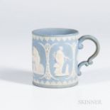 Adams Solid Light Blue Jasper Mug, England, c. 1800, cylindrical shape with applied white classical