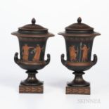 Pair of Wedgwood Encaustic Decorated Black Vases and Covers, England, 19th century, campana shapes w