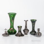 Six Silver Overlay Glass Items, 20th century, three green glass vases, ht. 6, 9 5/8, 13 3/4; a clear