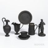 Six Wedgwood Black Basalt Items, England, 19th century, a standing figure of Columbia, ht. 8; helmet