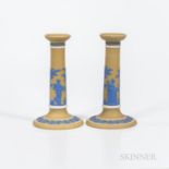 Pair of Wedgwood Yellow Jasper Dip Candlesticks, England, 19th century, applied blue classical figur