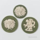Three Wedgwood Green Jasper Dip Plaques, England, 19th century, each roundel with applied white reli