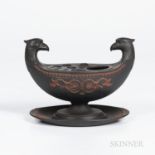 Wedgwood Black Basalt Inkstand, England, early 19th century, bird-head handles with applied rosso an