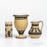 Three Wedgwood Yellow Jasper Dip Items, England, c. 1930, each with applied black jasper relief, two