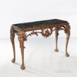 Georgian-style Marble-top Mahogany Table, with carved acanthus-capped scrollwork to apron on claw-an