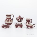 Six Wedgwood Crimson Jasper Dip Items, England, early 20th century, each with applied white classica