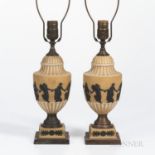 Pair Wedgwood Yellow Jasper Dip Table Lamps, England, early 20th century, applied black Dancing Hour