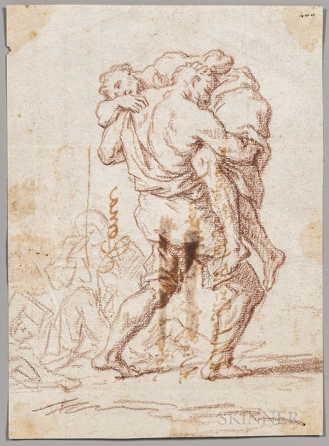 Italian School, 18th Century, Man Carrying a Weak or Wounded Figure, Unsigned, inscribed ".../Roma"