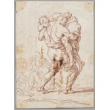 Italian School, 18th Century, Man Carrying a Weak or Wounded Figure, Unsigned, inscribed ".../Roma"