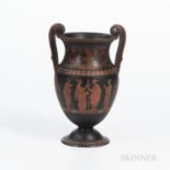 Encaustic Decorated Black Basalt Vase, England, 19th century, scrolled handles with florets at termi