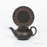 Wedgwood Encaustic Decorated Black Basalt Teapot and Stand, England, 19th century, polychrome enamel