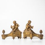 Pair of French Bronze Chenets with Brass Tools, 19th century, each chenet with seated putti blowing