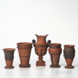 Five Wedgwood Rosso Antico Egyptian Vases, England, 19th century, three with black basalt relief, an