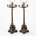 Pair of Gilded and Patinated Bronze Five-arm Table Lamps, Continental, 19th century, each supported