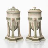 Pair of Wedgwood Tricolor Jasper Urns and Covers, England, 19th century, each solid white with appli