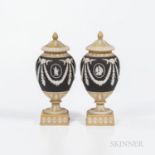 Pair of Wedgwood Tricolor Jasper Dip Vases and Covers, England, early 20th century, black ground cen