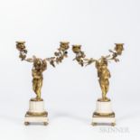 Pair of Gilt-bronze Figural Two-light Candleholders, 19th century, each with a cherub supporting two