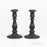 Pair of Wedgwood Encaustic Decorated Black Basalt Candlesticks, England, early 19th century, iron re